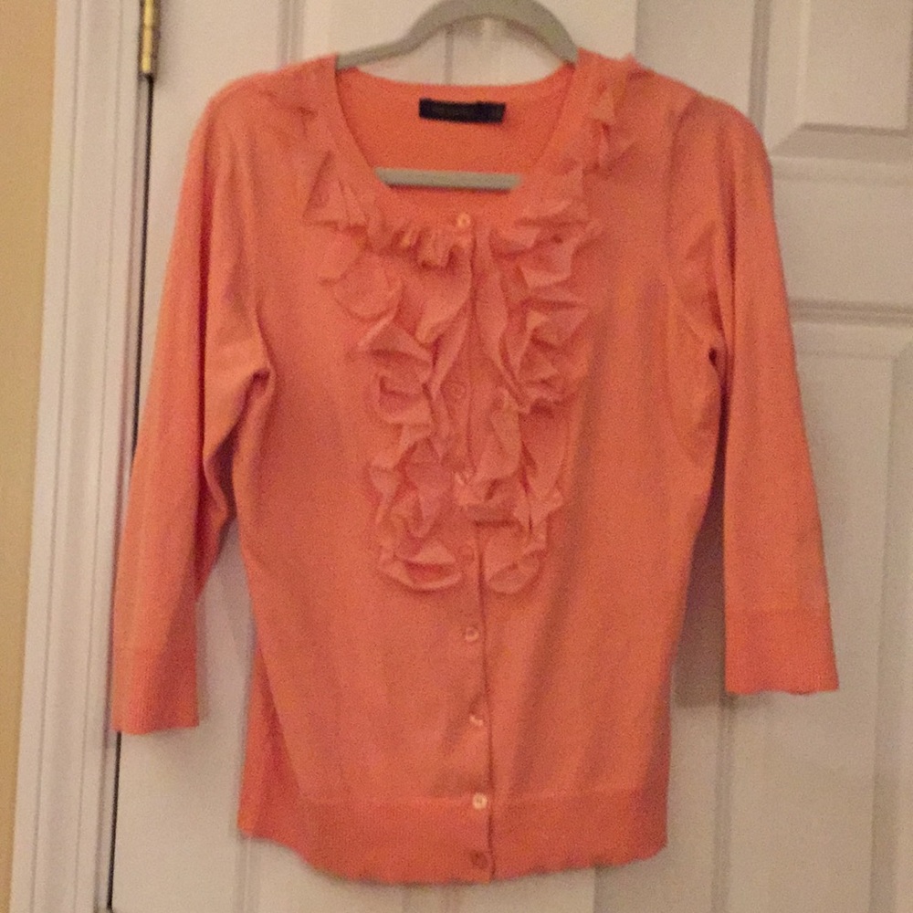 3/4 sleeve coral sweater with ruffled front